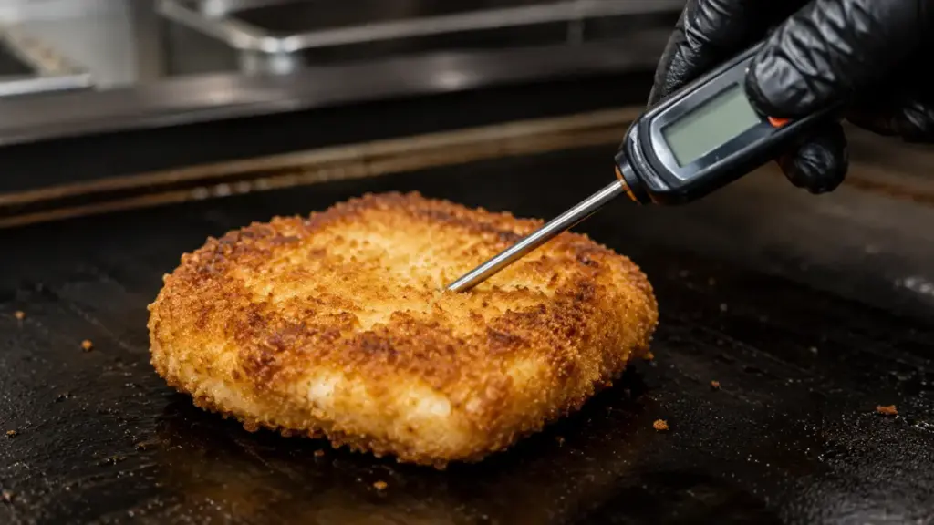 checking-the-temperature-of-a-reheated-fish-patty-with-a-thermometer