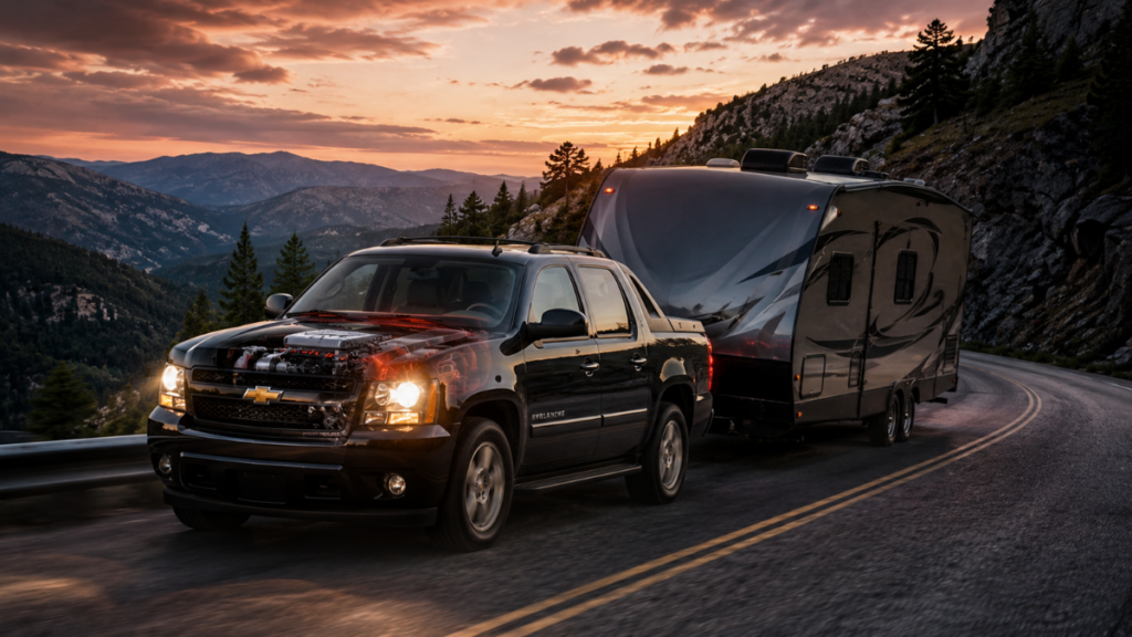 Chevrolet Avalanche Car towing a heavy camping trailer on a mountain road.