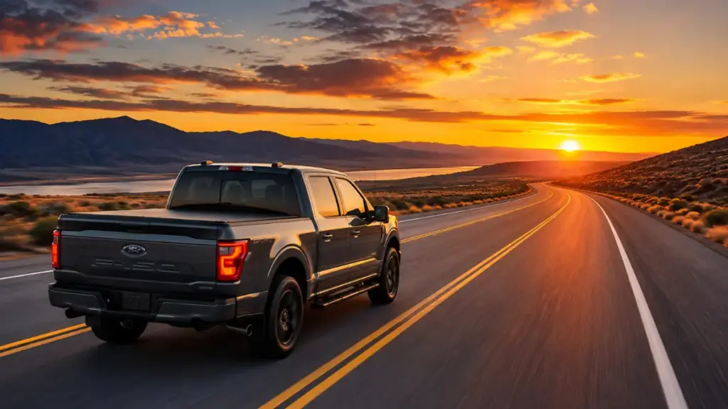Clean Chevrolet Silverado driving on an open scenic highway under clear skies