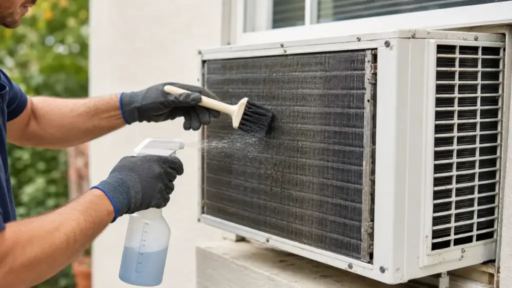 Cleaning the condenser coils of a window air conditioning unit.