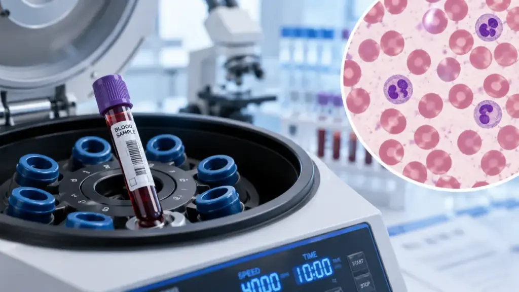 Clinical laboratory setting showing a blood sample vial.