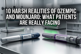 Clinical view of Ozempic and Mounjaro side effects on a medical table