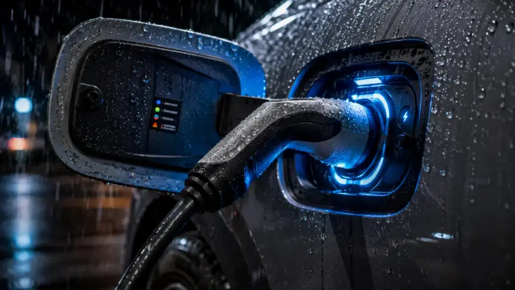 Close-up of a night fast-charging cable connected to early-generation electric discontinued cars.