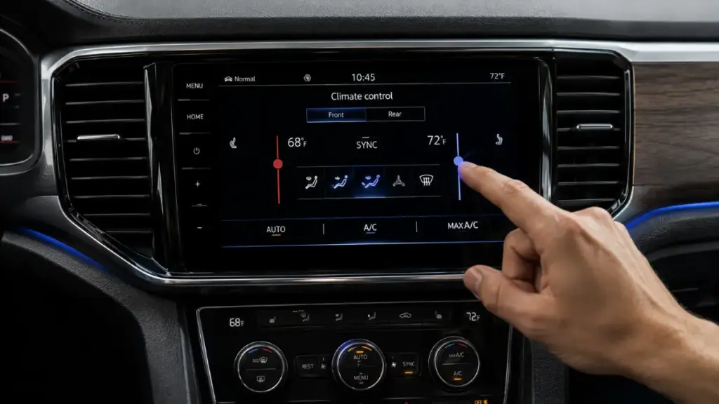 Close up of central infotainment screen inside a modern Volkswagen Atlas cabin