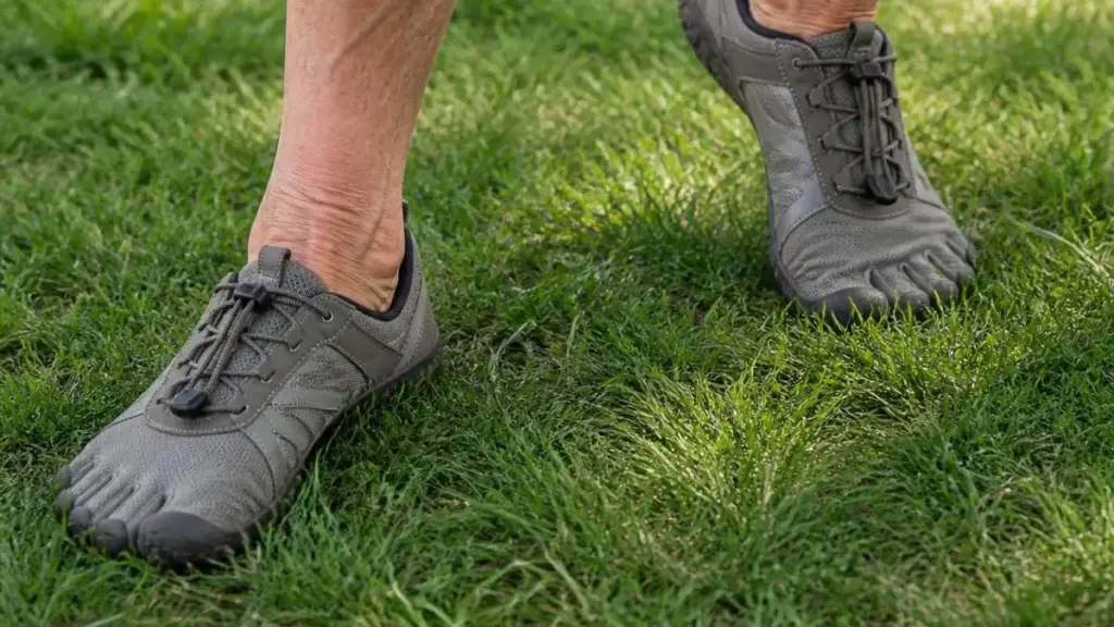 Close-up-of-senior-feet-in-trail-shoes-performing-balance-drills-on-grass-fulfilling-physical-activity-recommendations