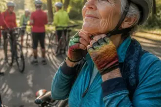 Close up of senior womans gloved hands adjusting helmet before cycling fulfilling physical activity recommendations