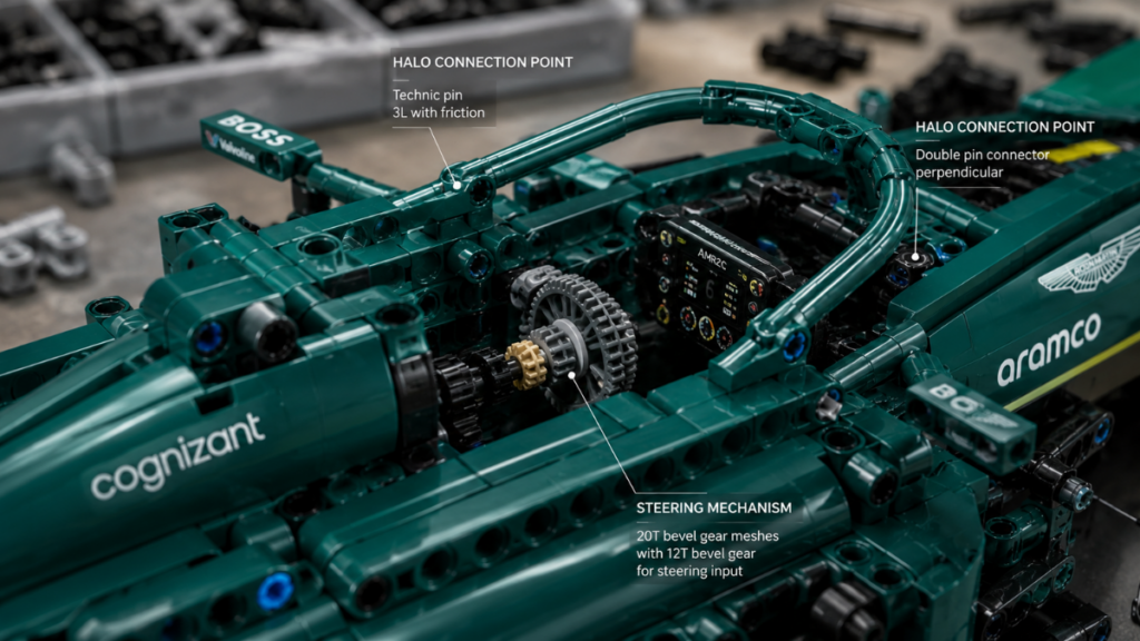 Close-up of the cockpit and steering in the LEGO Technic Aston Martin AMR26 model.