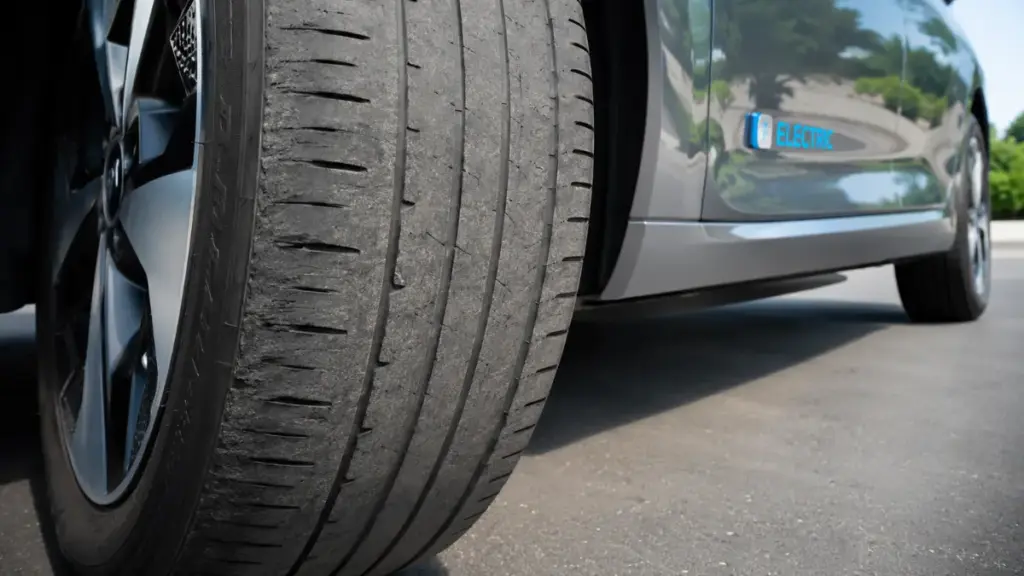 Close-up of worn car tire tread highlighting the impact of vehicle weight on automotive maintenance EV battery.