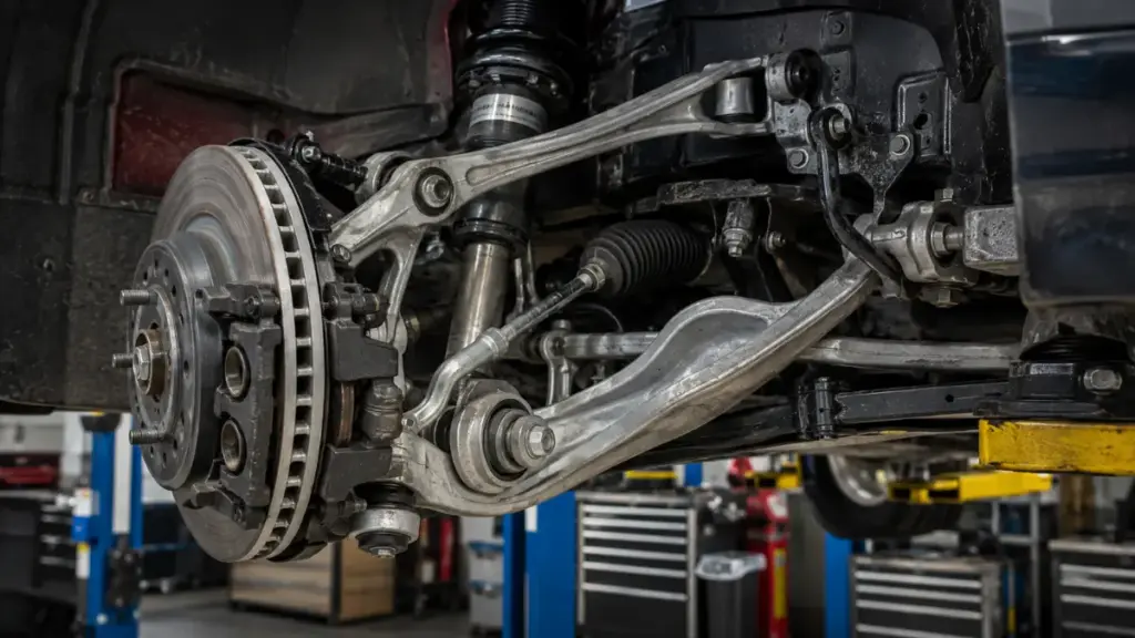Close-up photograph of aluminum multi-link front suspension hardware on European discontinued cars.