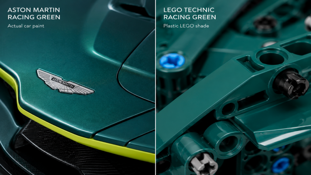 Color comparison between the real racing car and the LEGO Technic Aston Martin AMR26.
