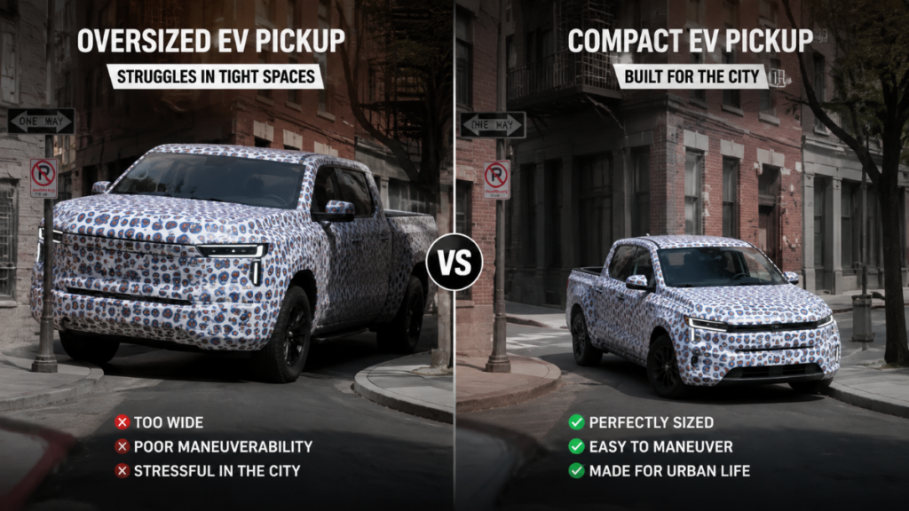  Comparison between an oversized luxury EV and a nimble compact Electric Truck in city traffic.