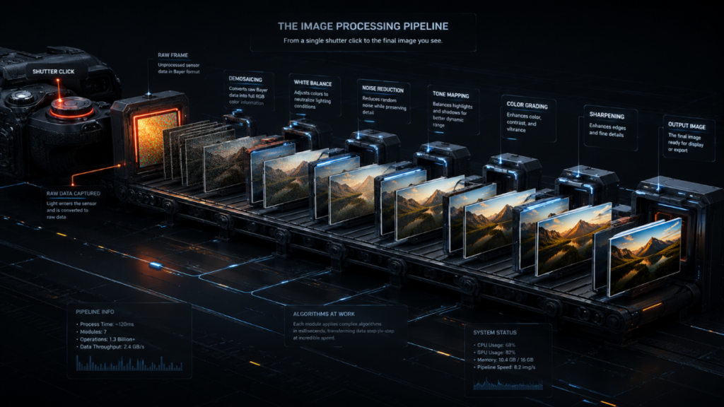  Conceptual breakdown showing how a camera preview vs processed photo pipeline operates behind the scenes.