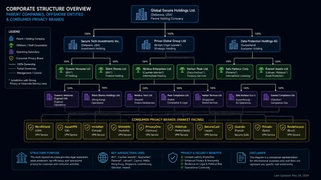 Corporate ownership structures controlling commercial vpns brands