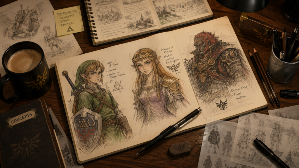 Creative character sketches highlighting the design philosophy behind developing Zelda games in order.