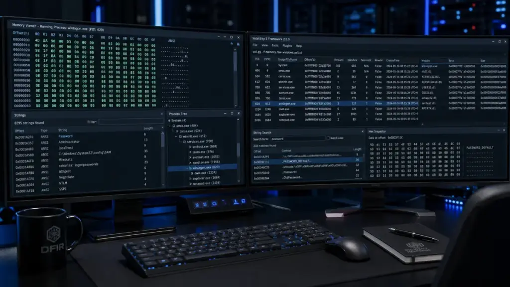 Cyber security researcher inspecting RAM allocations of a password manager.