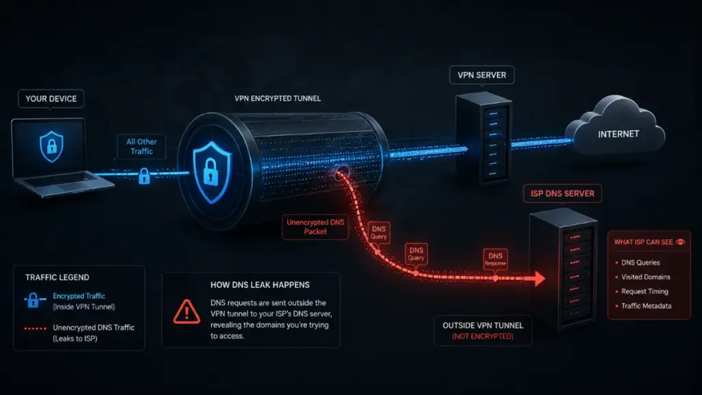 DNS leak vulnerability diagram showing unencrypted requests alongside website vpn