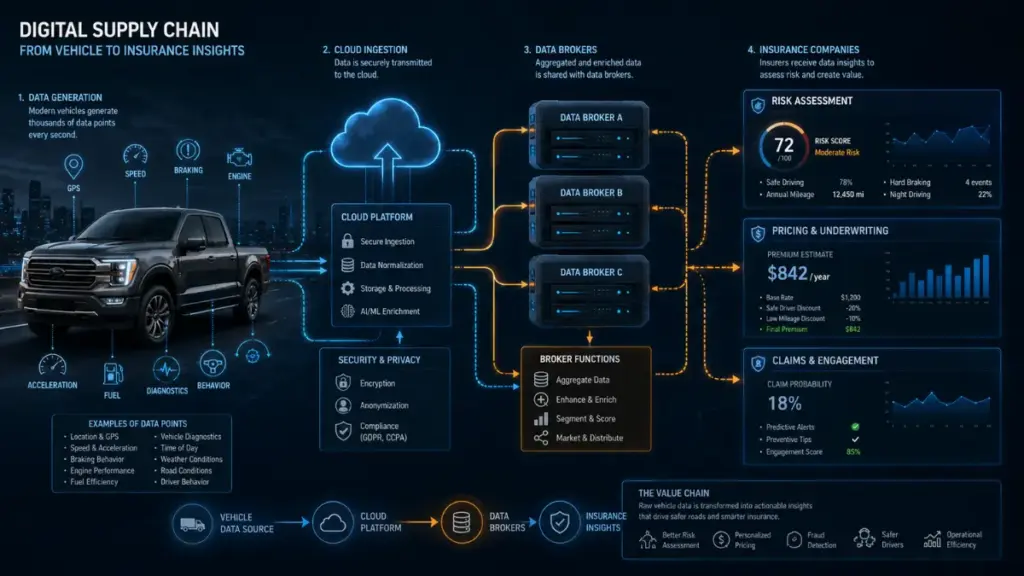 Data flow diagram mapping telemetry transmission from a Chevrolet Silverado to insurance brokers