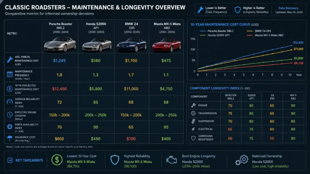  Data table graphic displaying maintenance costs of a Porsche Boxster versus rival roadsters.