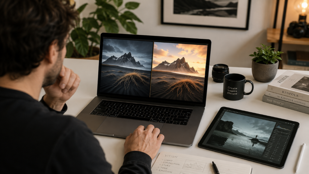 Desktop photo review workspace finalizing the iPhone Camera vs Adobe Project Indigo analysis