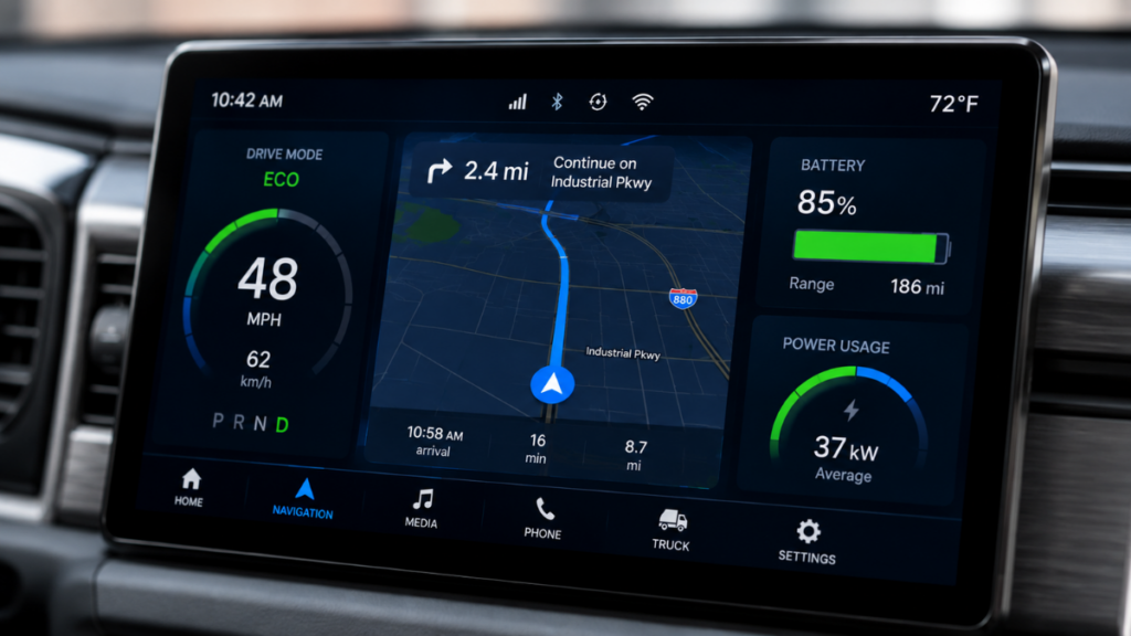 Detailed dashboard view of a compact Electric Truck showing connectivity features.