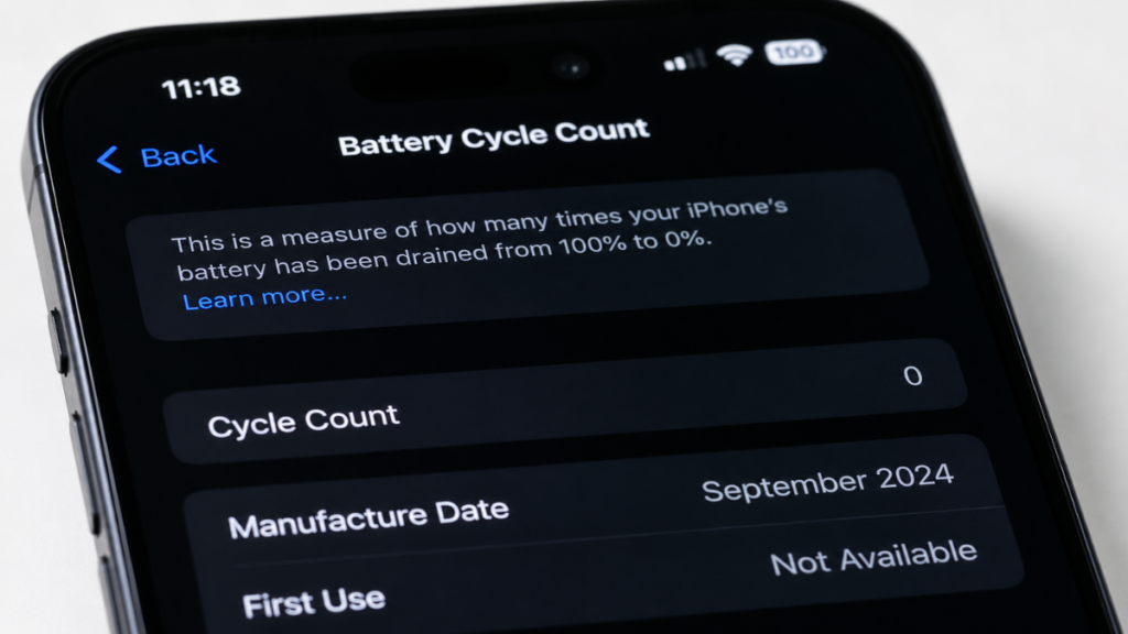 Diagnostics menu showing zero cycle count on an Open-Box iPhone.