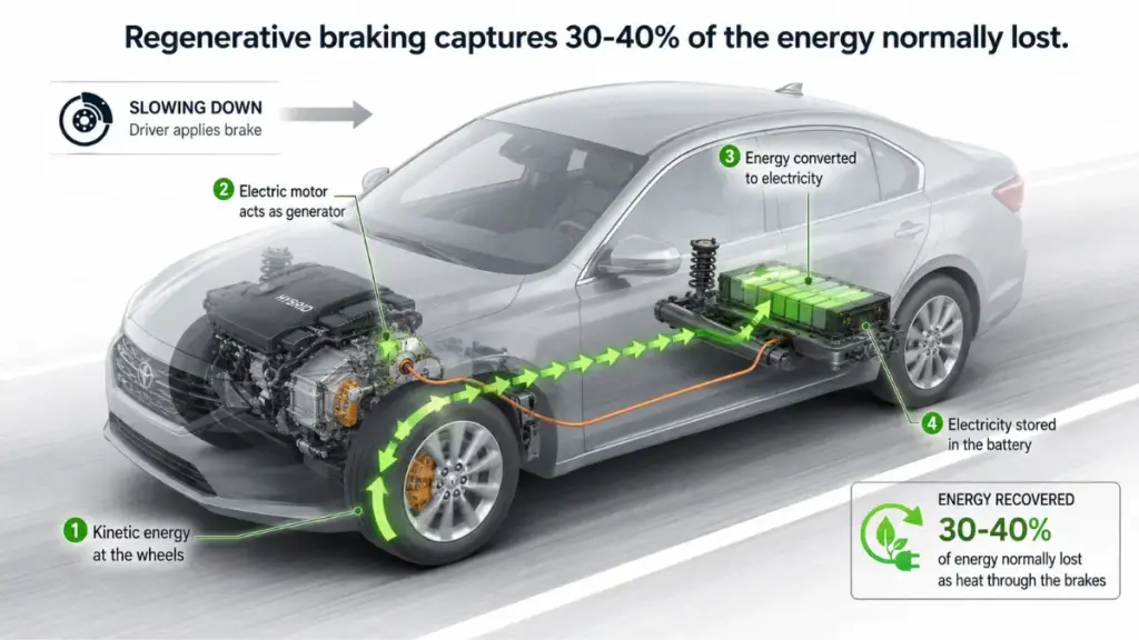 Diagram illustrating regenerative braking in How Hybrid Sedans Save Fuel Without Plugging In.