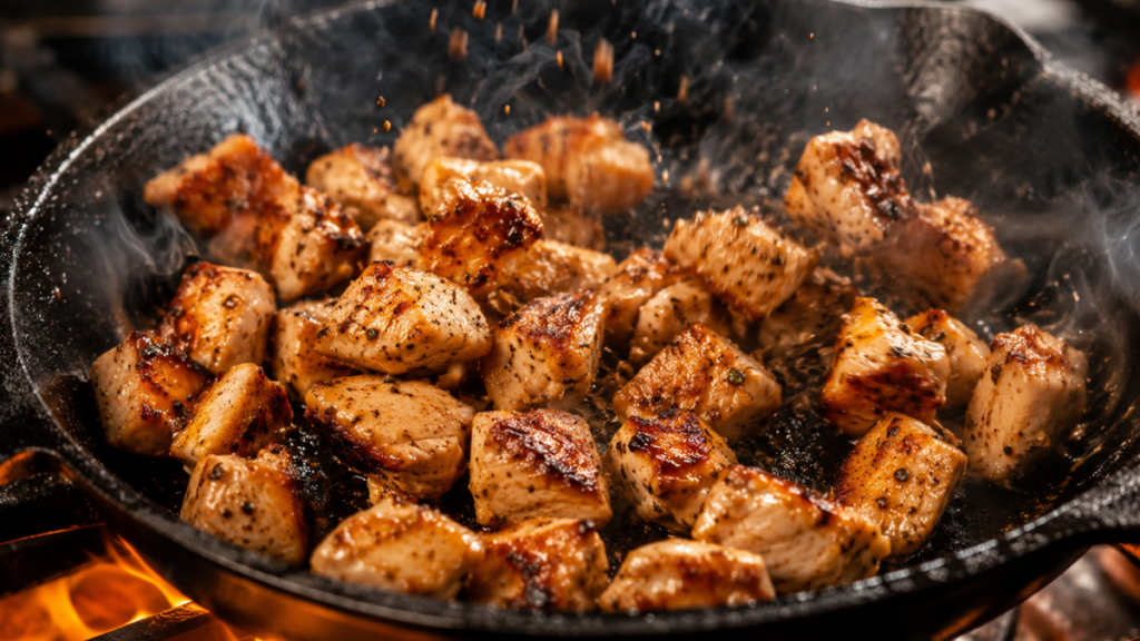 Diced-chicken-searing-in-a-pan-representing-core-easy-lazy-dinner-recipes-for-tight-schedules.