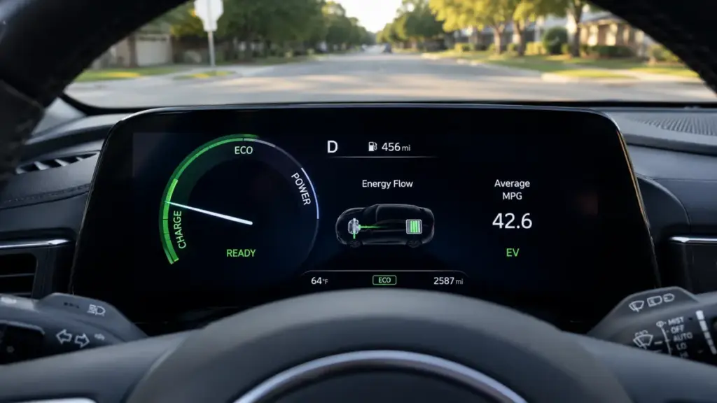 Digital cluster display showing energy regeneration status to maximize Kia Sportage hybrid fuel savings