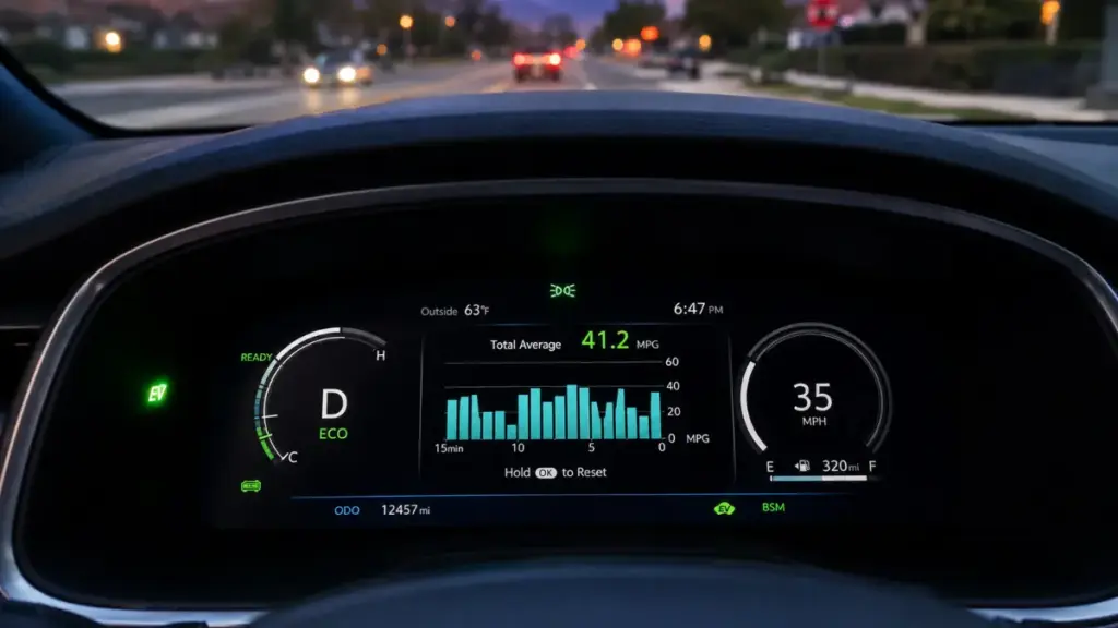 Digital dashboard telemetry recording high Kia Sportage hybrid fuel savings during urban driving