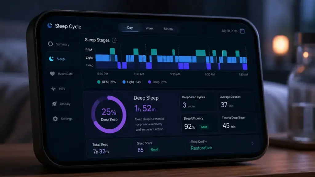 Digital health display monitoring sleep data during insomnia after chemotherapy.