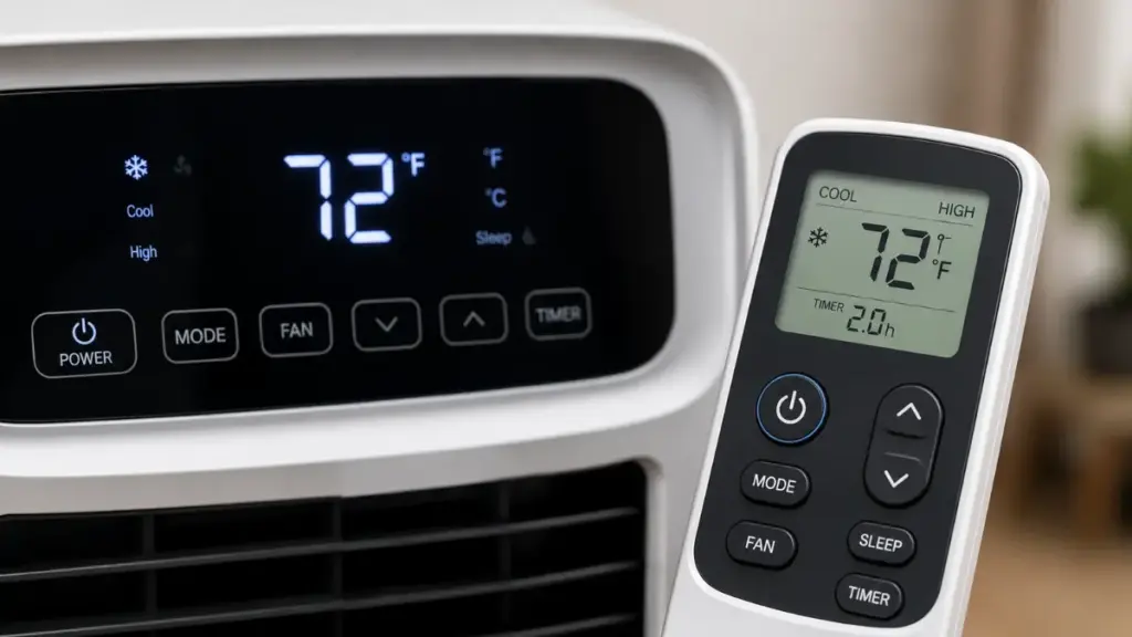 Digital interface of a top-rated AC portable air conditioner.