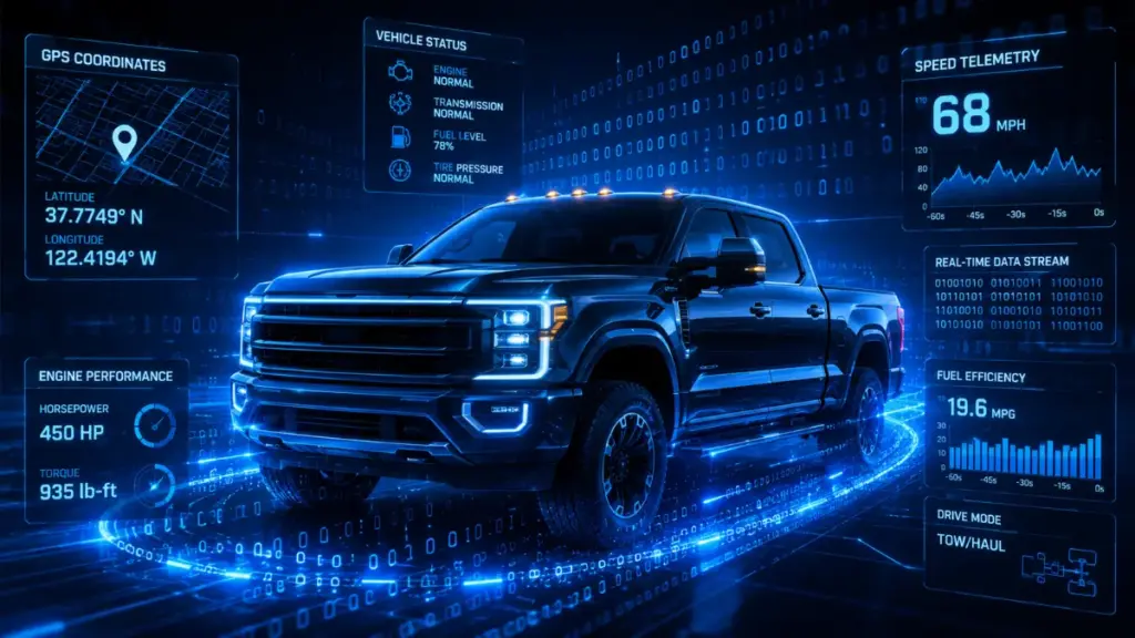 Digital telemetry network surrounding a high-tech Chevrolet Silverado pickup truck