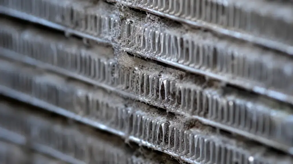 Dirty cooling fins in a residential window air conditioning unit .