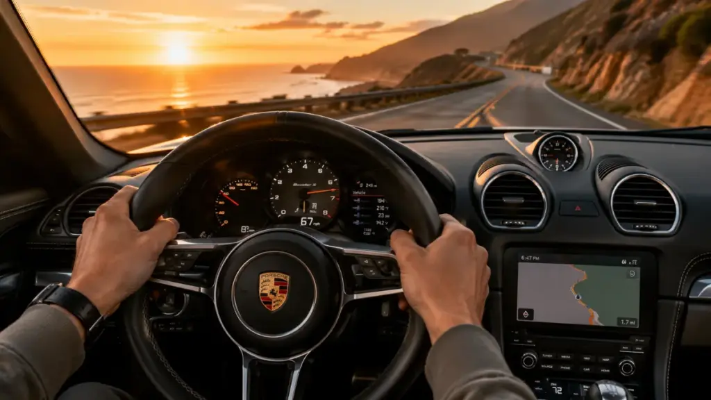 Driver hands on a Porsche Boxster steering wheel while driving on a scenic highway.