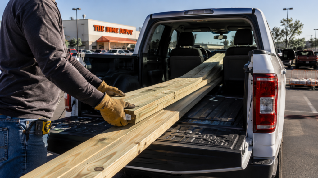  Driver loading long lumber into the extended cargo area of a Chevrolet Avalanche Car.