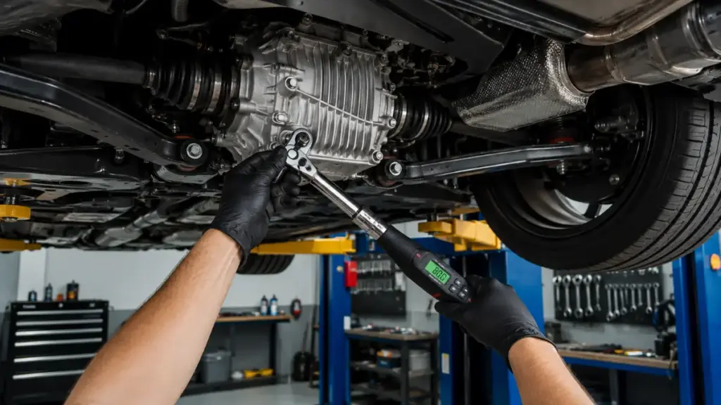 Drivetrain component inspection under a hoisted vehicle in a specialized repair workshop.