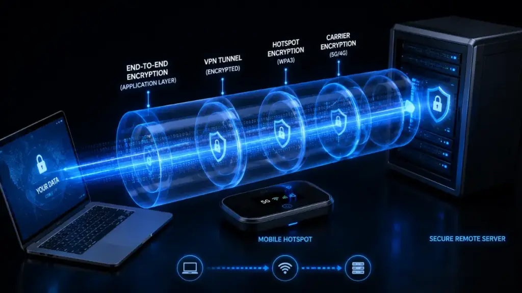 Dual layer cryptographic protection combining mobile hotspots tethering with private VPN tunnels