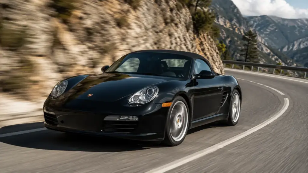 Dynamic action shot of a black Porsche Boxster cornering on a mountain highway.