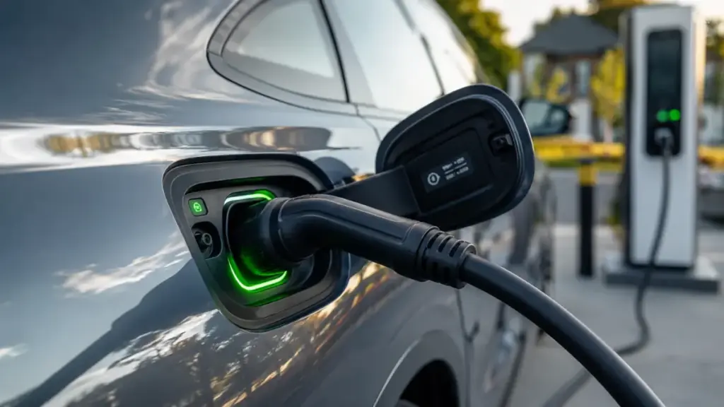 EV battery charging cable connected to an electric vehicle port with a visible green status light.