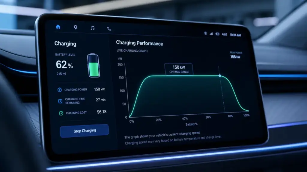 EV battery dashboard interface displaying a live charging performance graph with high-efficiency output.