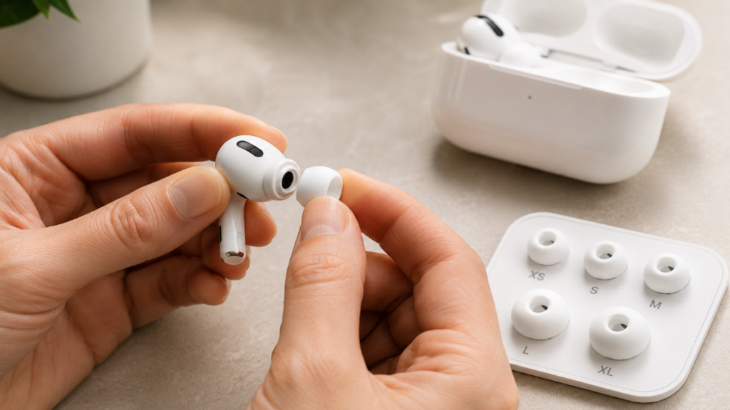 Earbud tip sizes array explaining how to run an effective Ear Tip Fit Test manually AirPods Pro 3