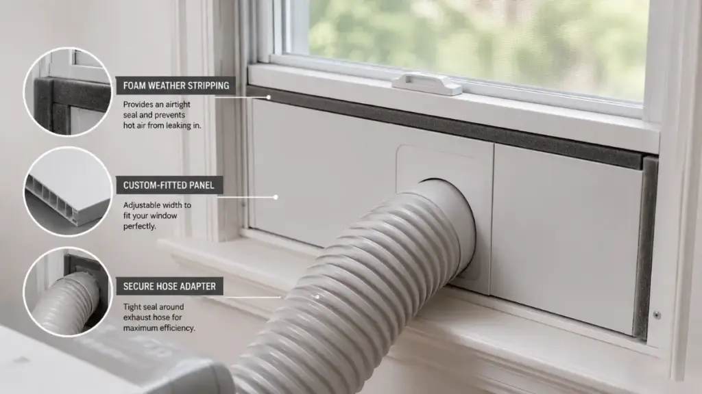 Efficient window sealing for an AC portable air conditioner.
