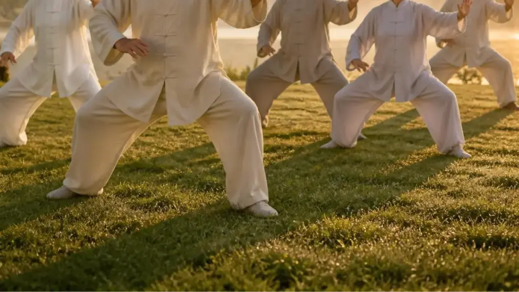 Senior-group-practicing-Tai-Chi-on-lawn-at-dawn-fulfilling-physical-activity-recommendations