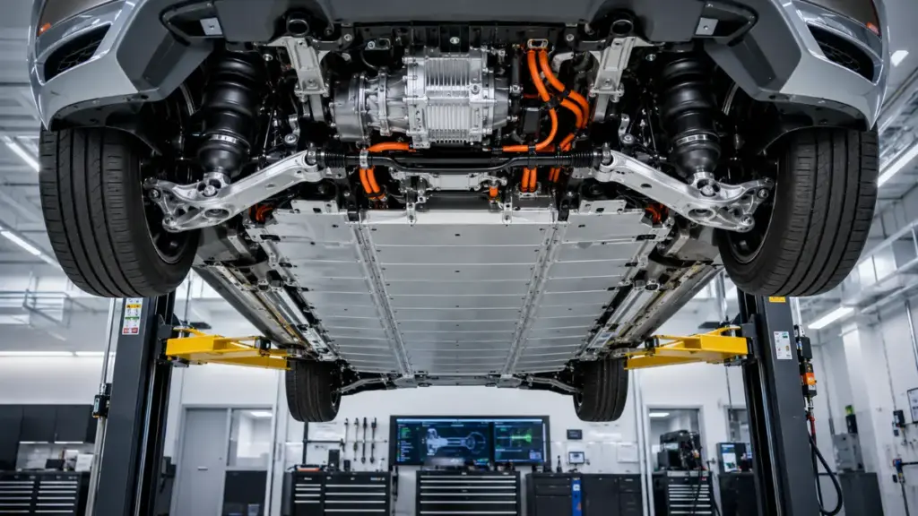 Elevated underbody chassis view showing high-voltage component complexity in early electric discontinued cars.