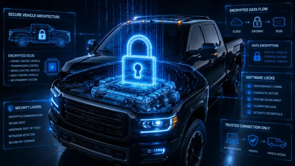 Encrypted digital lock symbol over the mechanical systems of a Chevrolet Silverado