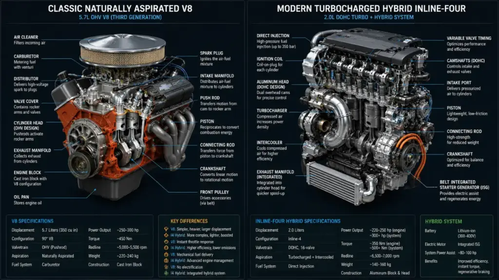 Engine architecture comparison highlighting structural changes in the Toyota Land Cruiser