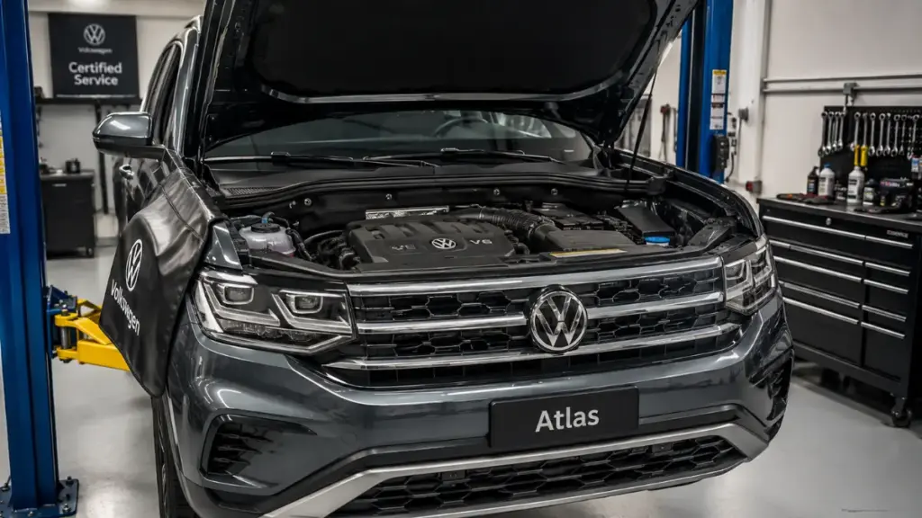 Engine bay inspection on a Volkswagen Atlas during scheduled dealership maintenance
