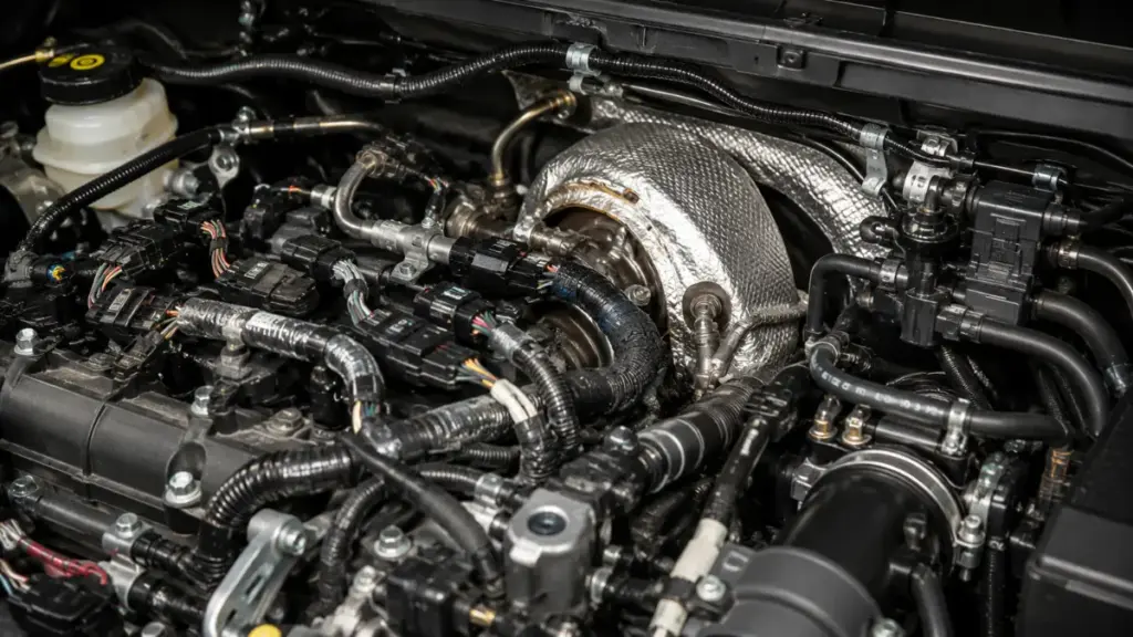 Engine bay macro photo showing dense electrical wiring harnesses in short-lived discontinued cars.