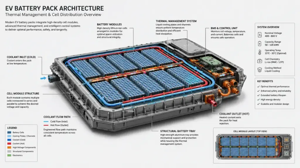 Engineering diagram of an EV battery pack showing thermal management systems and cell layout.