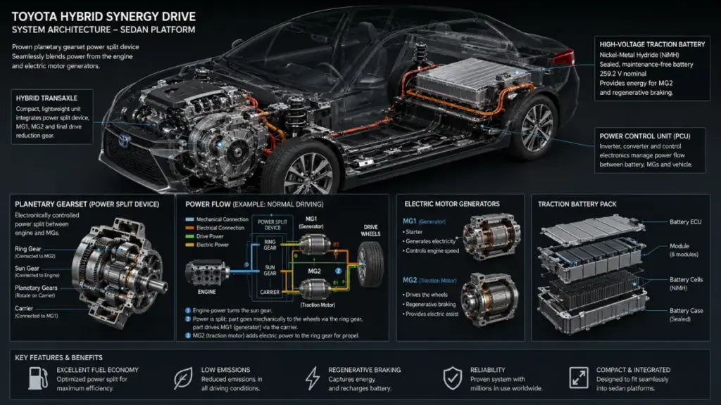 Engineering diagram of the hybrid powertrain option available in the Toyota Avalon.